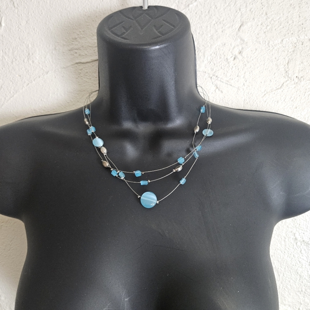 Lia Sophia Blue Beads & Square Round Station Multi Wire Necklace 16”-19”